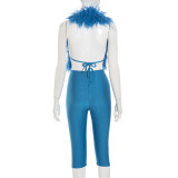 EVE Furry Neck  Halterneck Backless Two Piece Pants Set MXBF-D25ST247