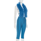 EVE Furry Neck  Halterneck Backless Two Piece Pants Set MXBF-D25ST247