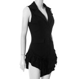 EVE Lapel Sleeveless Ruffled Solid Romper MXBF-D25RP181