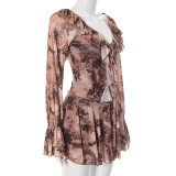 EVE Ruffles Long Sleeve Mesh Print Mini Dress MXBF-J25DS180