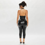 EVE Solid Color V Neck Backless Tops Seventh Pants Suit MXBF-J25ST164