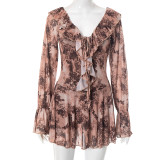 EVE Ruffles Long Sleeve Mesh Print Mini Dress MXBF-J25DS180