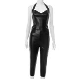 EVE Solid Color V Neck Backless Tops Seventh Pants Suit MXBF-J25ST164