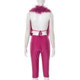 EVE Furry Neck  Halterneck Backless Two Piece Pants Set MXBF-D25ST247