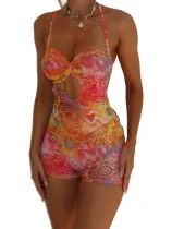 EVE Floral Print Halterneck Hollow Out Romper SHD-9543