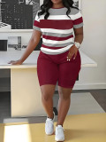 EVE Stripe Color Block Short Sleeve Shorts Suit SHD-9700