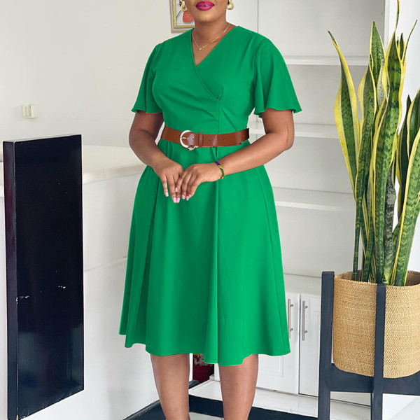 EVE Plus Size V Neck Flare Sleeve Midi Dress GCZF-8636