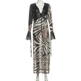 EVE Contrast Color Print V Neck Mesh Maxi Dress XEF-K25D76501
