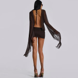 EVE Deep V Neck Tie Up Solid Color Mini Dress XEF-K24D61286