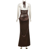 EVE Solid Color Halterneck Backless Maxi Dress XEF-K24D55979