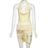 EVE Fashion Halterneck Tie Up Tops Print Skirts 3 Piece Set XEF-K25S67407