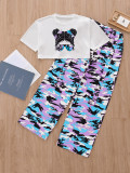 EVE Kids Girl Cartoon Print T Shirt Camouflage Print Pants Suit GYMF-YM160