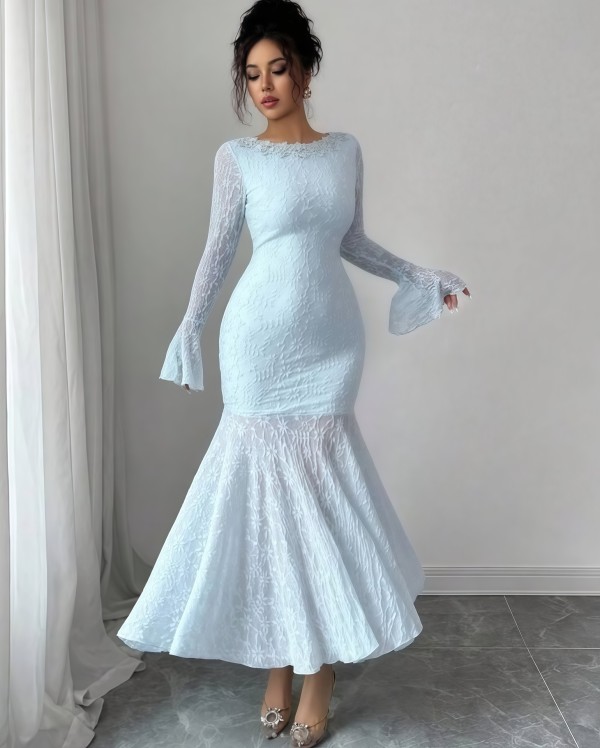 EVE Solid Color Flare Long Sleeve Fishtail Dress GXIN-8857