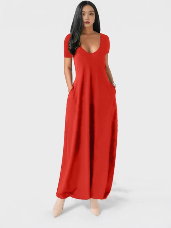 EVE Plus Size Deep V Neck Solid Color Loose Maxi Dress ZDF-31398