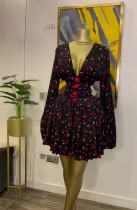 EVE Sexy Deep V Neck Tie Up Pleated Mini Dress GXIN-8855