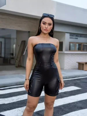 EVE Sexy Wrap Chest PU Leather Romper GXBQ-1141837