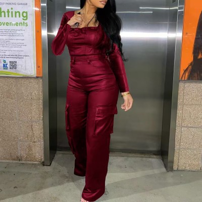 EVE Long Sleeve Tight PU Leather Jumpsuit GXBQ-1141836