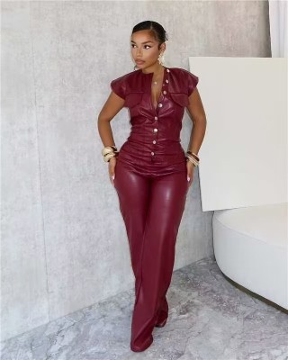 EVE PU Leather Sleeveless Slim Jumpsuit GXBQ-OL6163