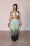 EVE Gradient Print Wrap Chest Pleated Two-piece Skirts Set GTYZ-7571