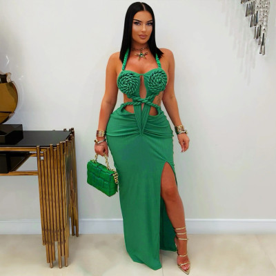 EVE Halterneck Hollow Out Sexy Slit Maxi Dress GTYZ-7575