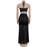 EVE Sexy Wrap Chest Pleated Mesh Two Piece Skirts Set BY-7456