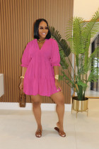 EVE Solid color V-neck Puff Sleeve Pleated Dress GTYZ-7578