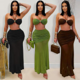 EVE Sexy Wrap Chest Pleated Mesh Two Piece Skirts Set BY-7456