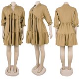 EVE Solid color V-neck Puff Sleeve Pleated Dress GTYZ-7578