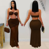 EVE Sexy Wrap Chest Pleated Mesh Two Piece Skirts Set BY-7456