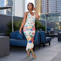 EVE Backless Tie Up Print Ruffles Maxi Dress CYA-901948