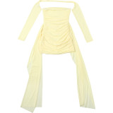 EVE Solid Color Long Sleeve Pleated Mini Dress Suit(With Silk Scarf) DLSF-K25S74947