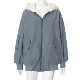 EVE Solid Color Hooded Zipper Plush Jacket GSZM-ZTP1449