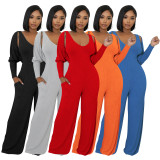 EVE Long Sleeve Solid Color Tops+Jumpsuit 2 Piece Set YF-10794