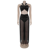 EVE Sexy Sleeveless Wrap Chest Tassel Long Skirts Suit BY-7438