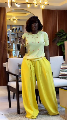 EVE Love Print Short Sleeve Tops Wide Leg Pants Suit GCNE-72738