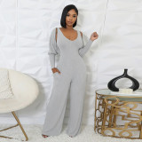 EVE Long Sleeve Solid Color Tops+Jumpsuit 2 Piece Set YF-10794