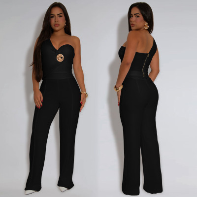 EVE Solid Color Slash Neck Tops Pants Suit BY-7418