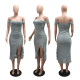 EVE Off Shoulder Solid Color Ruffles Split Long Dress CYA-901987