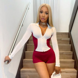 EVE Color Block Long Sleeve Zipper Shorts Suit GDSF-D25ST249