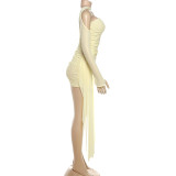 EVE Solid Color Long Sleeve Pleated Mini Dress Suit(With Silk Scarf) DLSF-K25S74947