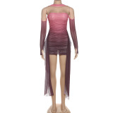 EVE Solid Color Long Sleeve Pleated Mini Dress Suit(With Silk Scarf) DLSF-K25S74947