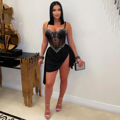 EVE Hot Drill V Neck Sling Mini Dress NY-3655