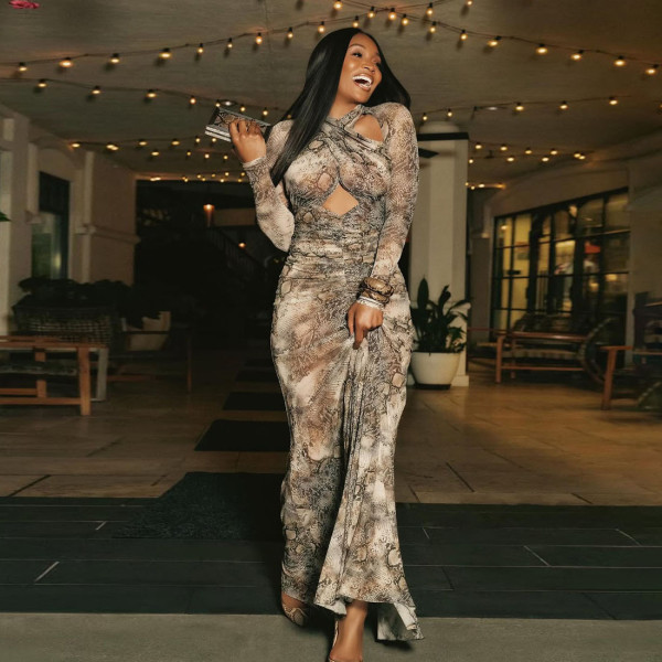 EVE Snake Print Long Sleeve Hollow Out Maxi Dress GSLF-K25D74472
