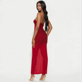 EVE Solid Color Wrap Chest Hot Drill Maxi Dress CYA-901960