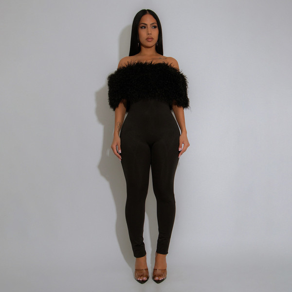 EVE One Shoulder Fur Patchwork Jumpsuit CYA-901986