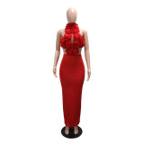 EVE Halterneck Large Flowers Solid MaxI Dress CYA-901951