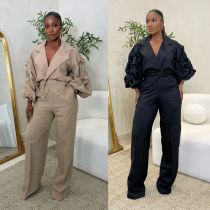 EVE Plus Size Lapel Solid Color Pleated Two Piece Pants Set NY-11101