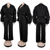 EVE Plus Size Lapel Solid Color Pleated Two Piece Pants Set NY-11101