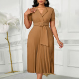 EVE Plus Size Solid Color Short Sleeve Pleated Midi Dress GATE-593