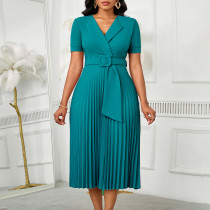 EVE Plus Size Solid Color Short Sleeve Pleated Midi Dress GATE-593